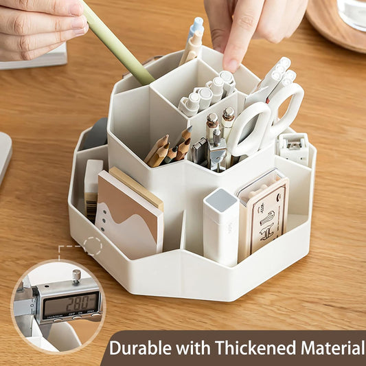 Pencil Pen Holder for Desk, 9 Slots 360 Degree Rotating Desk Organizer, Cute Pen Organizers Stationery Supplies for Office Home & Art Supply (Beige)