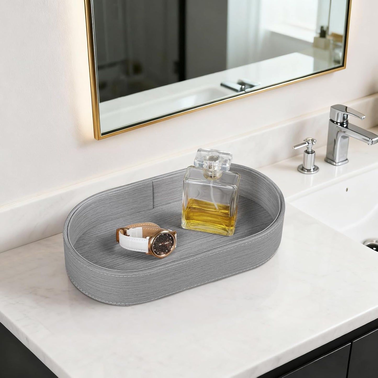Oval Desk Valet Tray, PU Leather Perfume Dish Bowl for Keys Wallet Watch, Decorative Trinket Vanity Jewelry Tray, Entryway Nightstand Organizer Women Men (Black)
