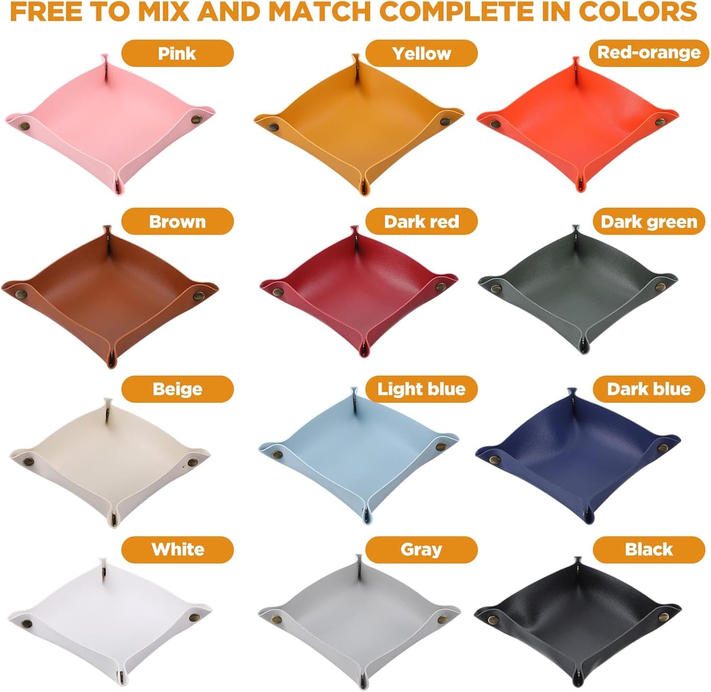 12 Pcs PU Leather Valet Tray, Foldable Catchall Organizer with Snap Buttons, Double Sided Key Tray for Entryway, Desk, Travel, Phone, Keys, Jewelry - 12 Colors
