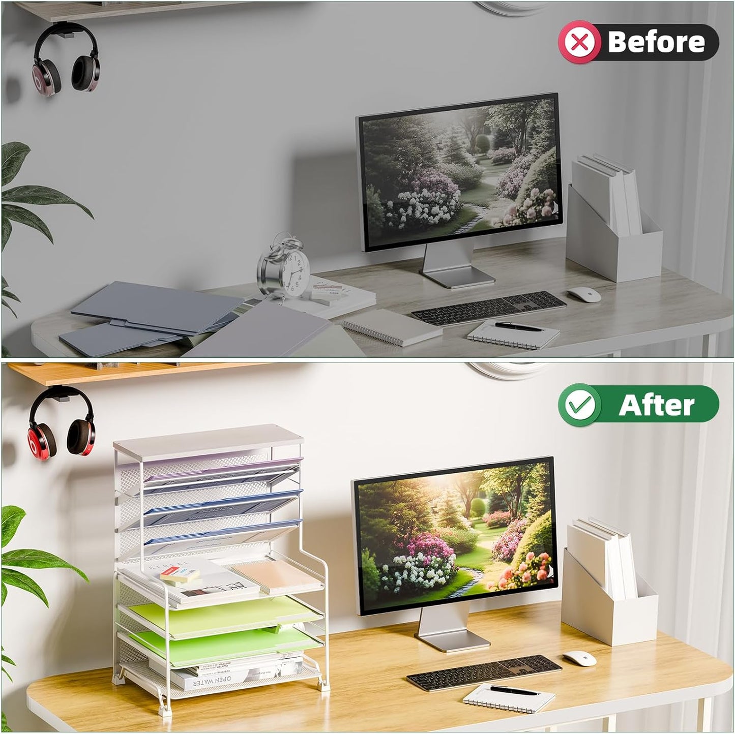 Simple Trending 7 Tier Desk File Organizer, Letter Tray Paper Organizer with Pen Holder and Metal Hanging Basket, Black