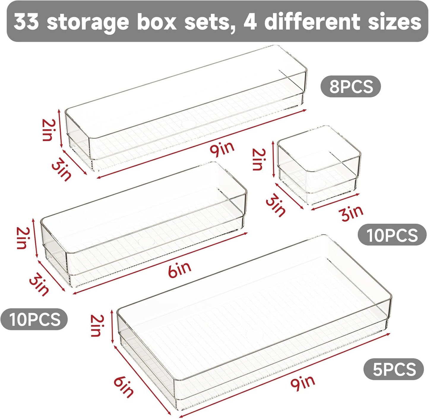 6 PCS Clear Plastic Drawer Organizer Set, 2 Sizes Acrylic Drawer Storage Trays Non Slip Storage Bins for Makeup, Jewelry, Gadgets for Kitchen, Bedroom, Bathroom, Office