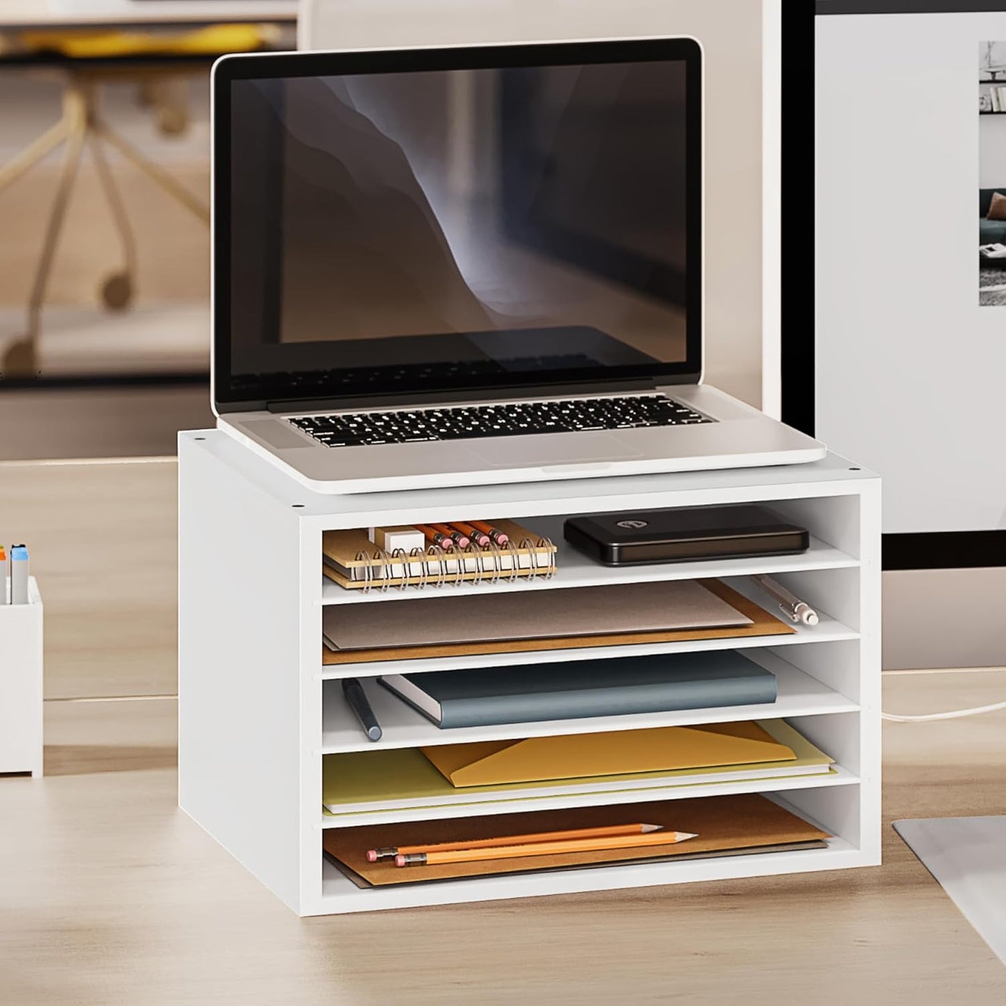 Ballucci 4-Tier Paper Organizer for Desk, Stackable Organizer Tray, Desk Storage Shelves, Stacking Letter Paper Tray Sorter for Classroom, Office, White
