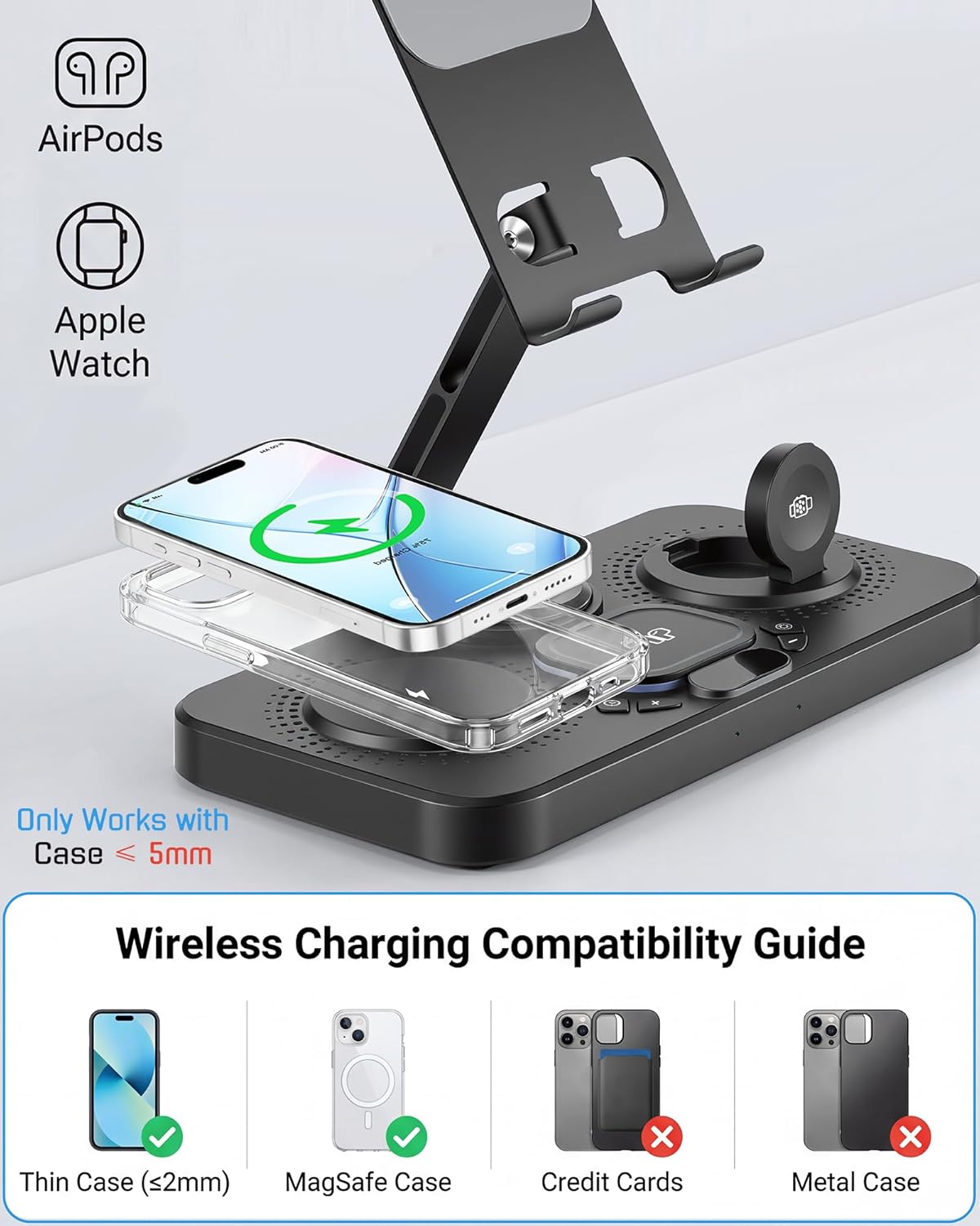 6 in 1 Charging Station for Apple Multiple Devices, Wireless Charging Station with Clock & 7 RGB Light, Foldable Wired Chargers for Multiple Devices for iPhone 17/16/15, iPad, Apple Watch, AirPods
