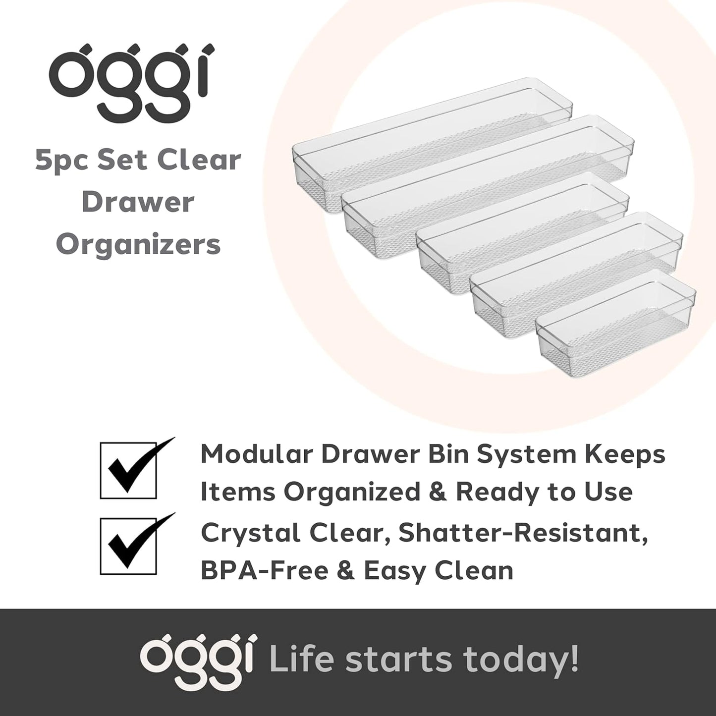 Oggi Set of 5 Clear Drawer Organizers - (1) 3x6.25, (2) 3x9.5, (2) 3x12.5 - Ideal for Organizing Kitchen Drawers, Office, Desk, Silverware, Kitchen Utensils, Cosmetics and Bathrooms