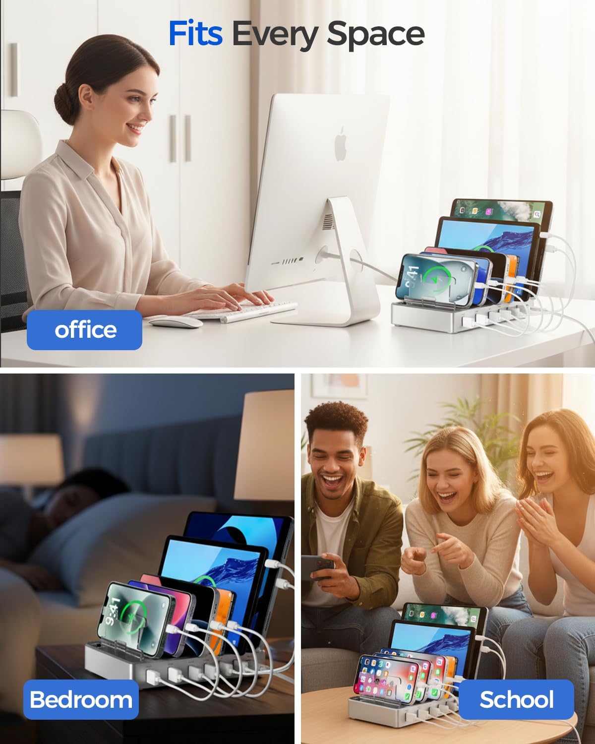 300W Charging Station for Multiple Devices, Fast Charging 6 Port Charging Station - Compatible with iPhone iPad Android Tablets, Home Office Travel Organizer