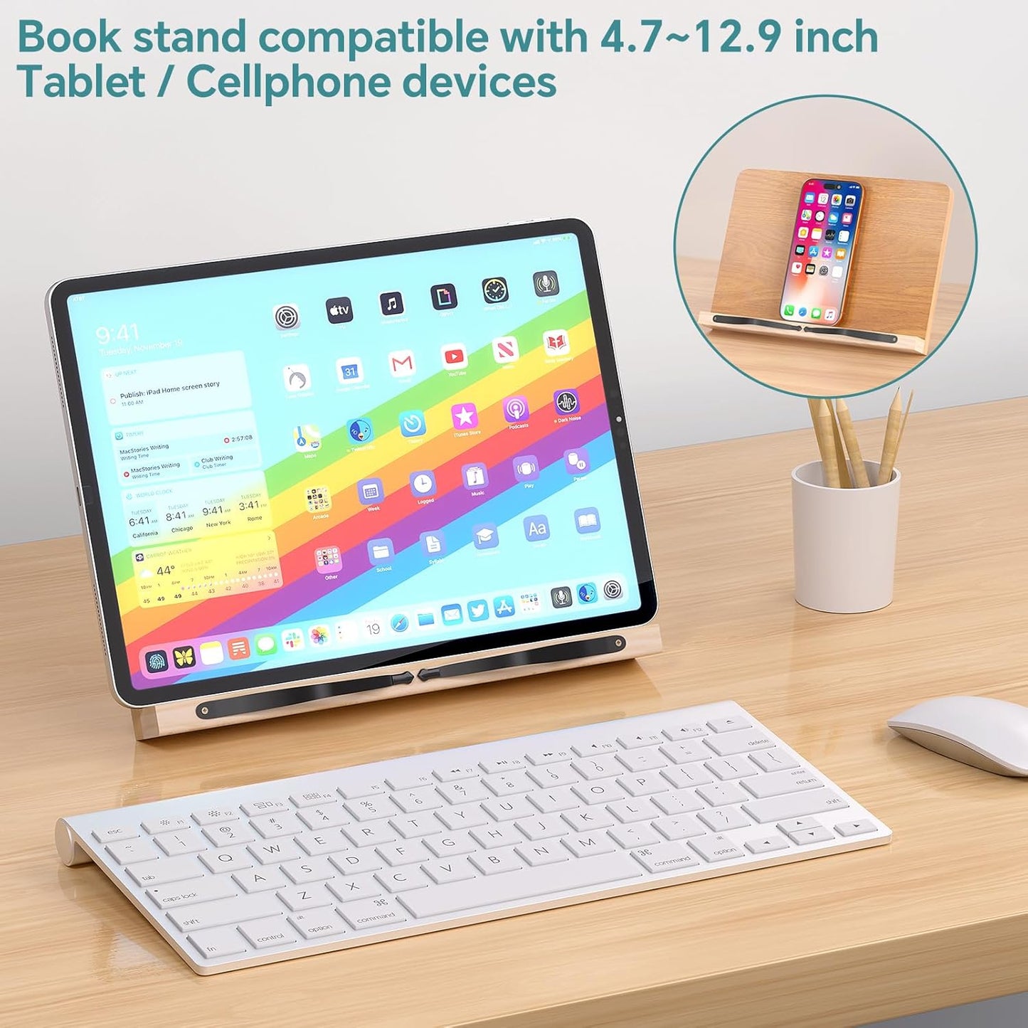 Book Stand for Reading,8 Adjustable Height Holder Tray with Page Clips for Textbook/Cookbook/Music Scores/Tablet/,Lightweight Reading Hands Free Desktop Document Book Mount,Bamboo Holder-Oak Brown