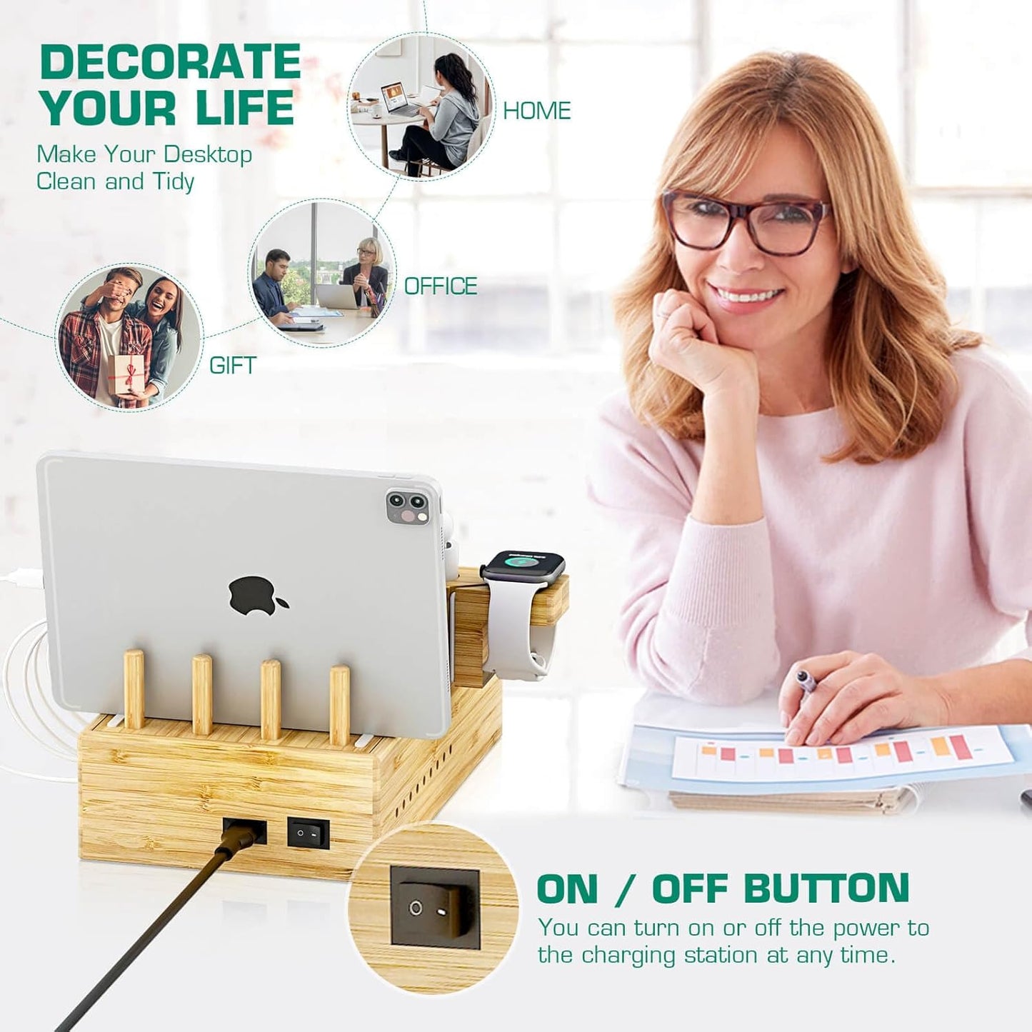 Bamboo Wireless Charging Station for Multiple Devices - Wood Docking Station Organizer, Qi Certified Fast Wireless Charger, 7 USB Charging Ports for Cellphone, Smart Watch, Earbuds, Tablet