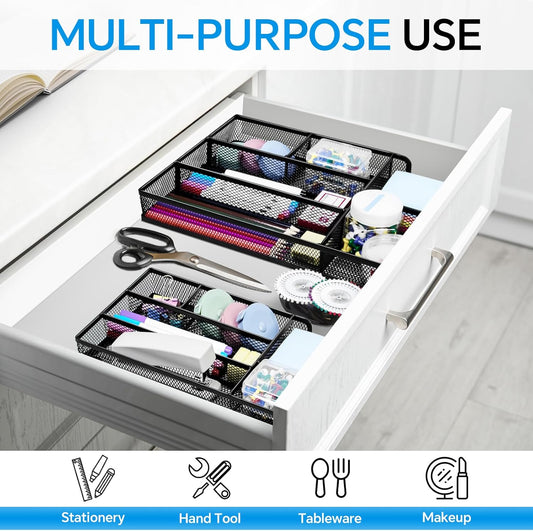 Desk Drawer Organizer, Office Drawer Divider Organizer Tray with 6 Compartments, Metal Mesh Desktop Organization and Accessories for Stationery Makeup Kitchen Toolroom School &Office, 12.6x8.27x1.6 in