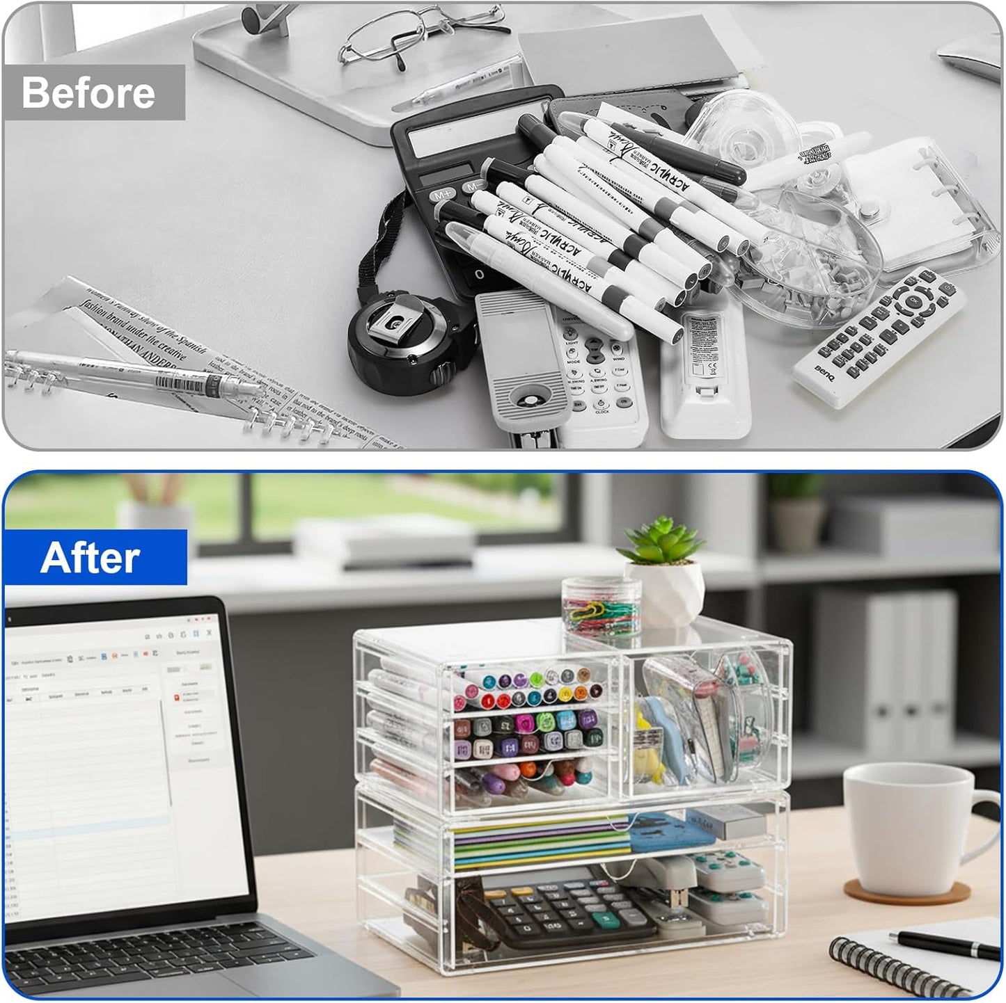 Acrylic Makeup Organizer with 6 Drawers, 11" Stackable Office Desk Organizer Accessories, Clear Bathroom Storage Drawers for Makeup Palettes, Cosmetics, Vanity, Art Craft Supplies