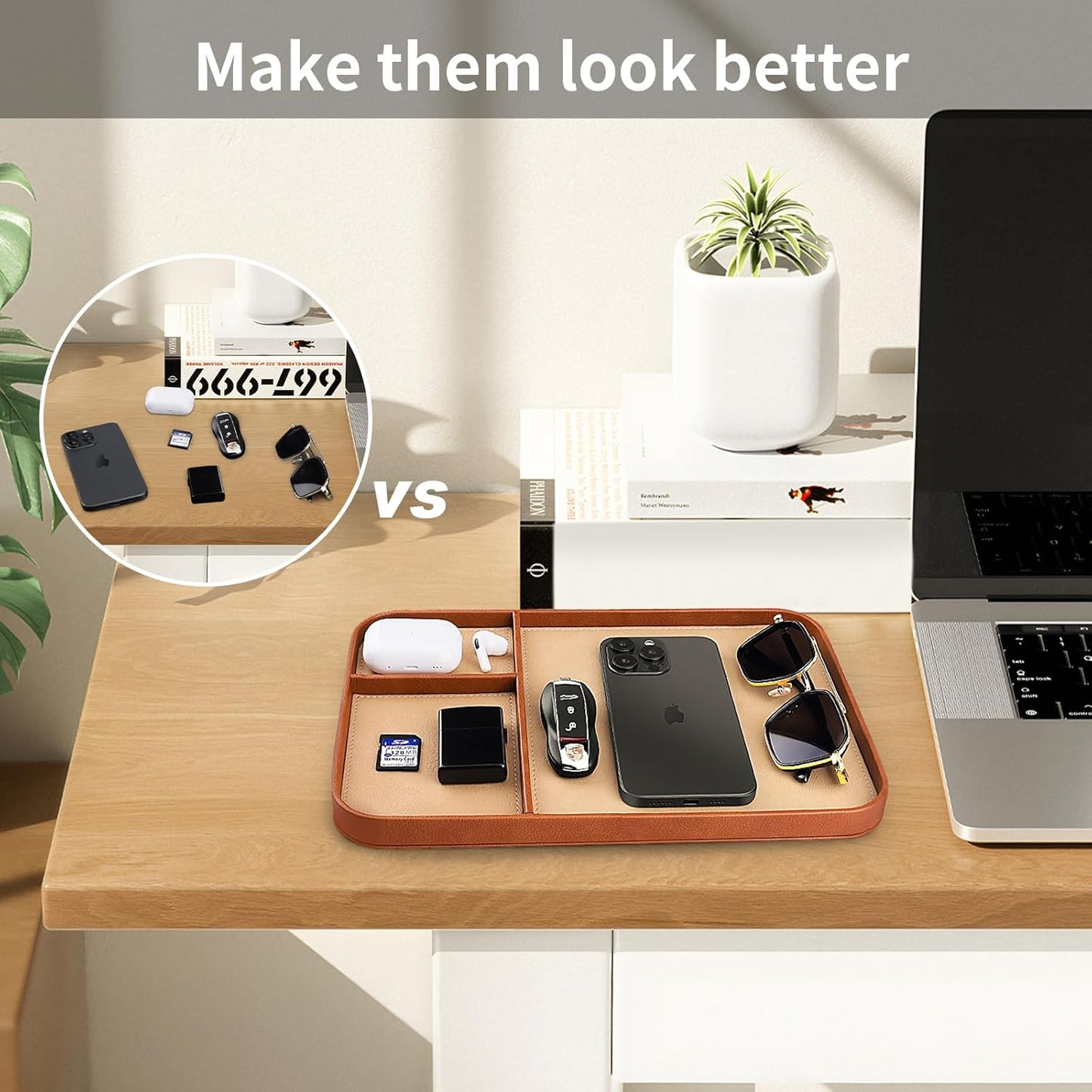 SENEN Leather Tray, Stylish and Organized Multifunctional Tray, for Table Entryway, Premium PU Leather, Catchall Tray for Keys, Watch, Wallet, Jewelry, and More (Black Frame)