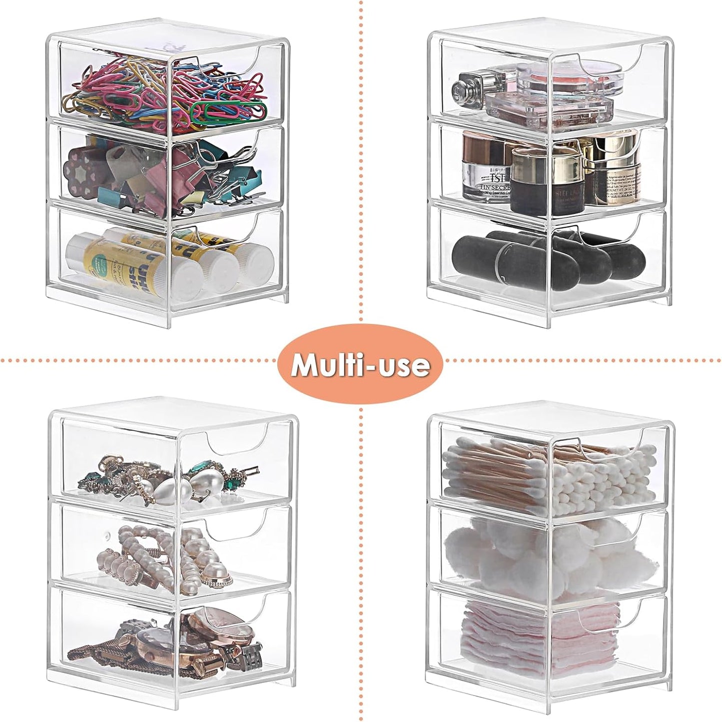 BTSKY 2 Pack Small Acrylic Storage Organizer with Drawers, 3-Layer Clear Desktop Organizer for Office Supplies Mini Storage Box with Drawers for Desk, Desktop Makeup Drawer Jewelry Storage Box