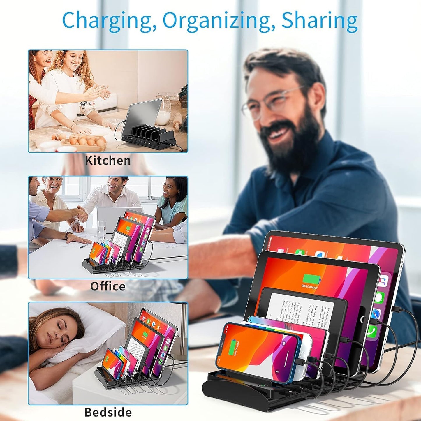 Charging Station for Multiple Devices, Bototek 60W 6 Ports Multi Charger Station for iPhone, iPad, Cell Phone, Tablets, and Other Electronics (6 Ports-Black)