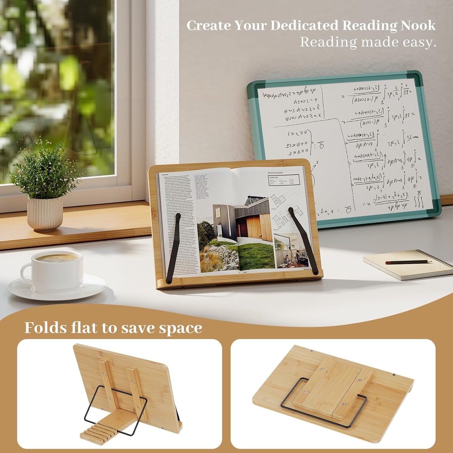 Bamboo Book Stand, Adjustable Book Holder, Music Stand - Lightweight and Stable for Cookbook, Textbook, Notebook, Desk Home Office Kitchen (Small)
