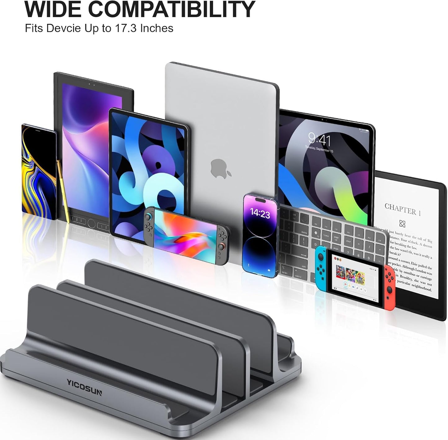YICOSUN Aluminum Vertical Laptop Stand for Desk - Adjustable Width Dock for MacBook, Surface, Samsung, HP, Dell up to 17.3 inches - Space-Saving & Protective Design - Gray