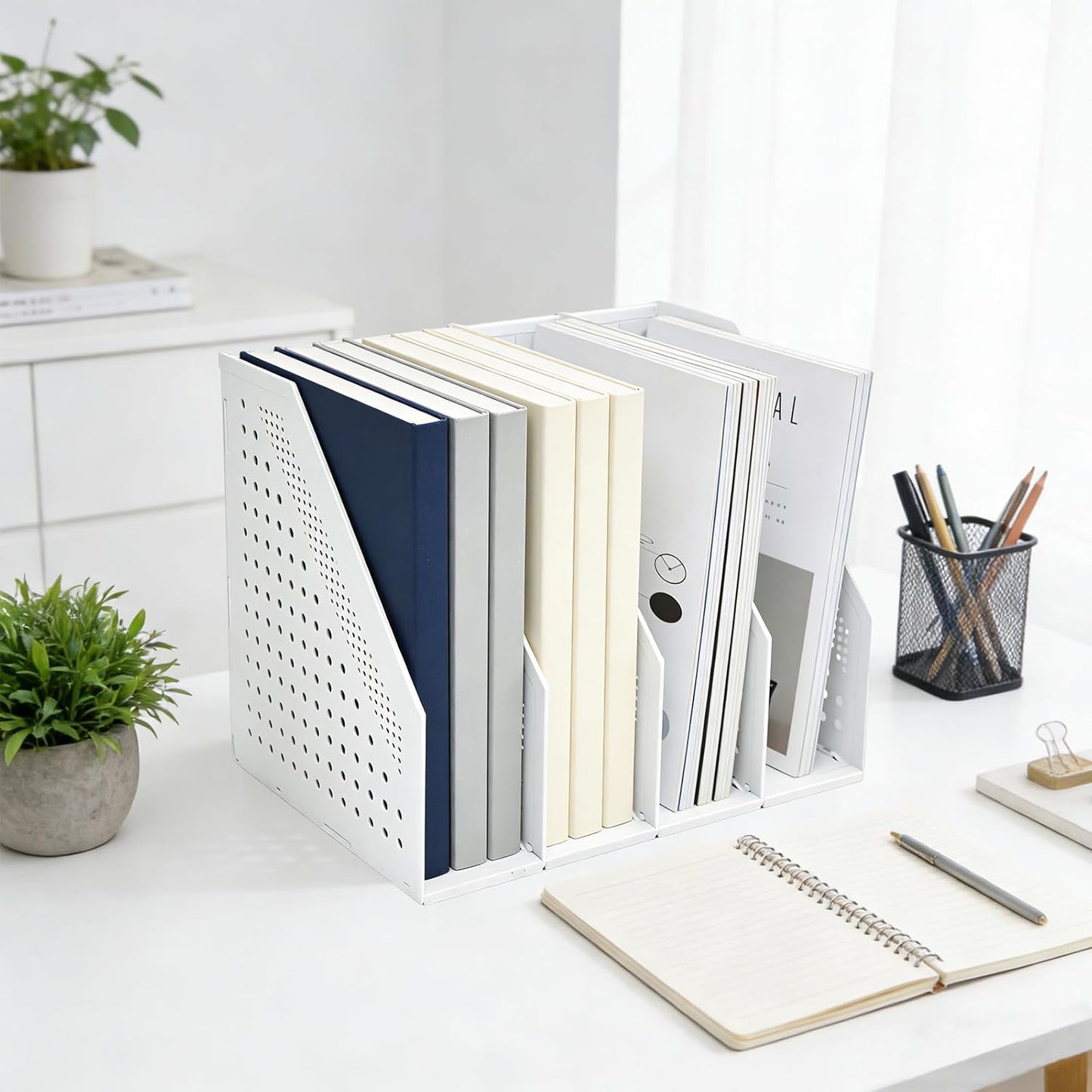 SAYEEC 2Pcs Collapsible Plastic Magazine File Holder Vertical Binder Storage Organizer for Desk Sturdy Upright Desktop Magazine Organizer Folder Rack for Office School Home (3 Compartments, Black)