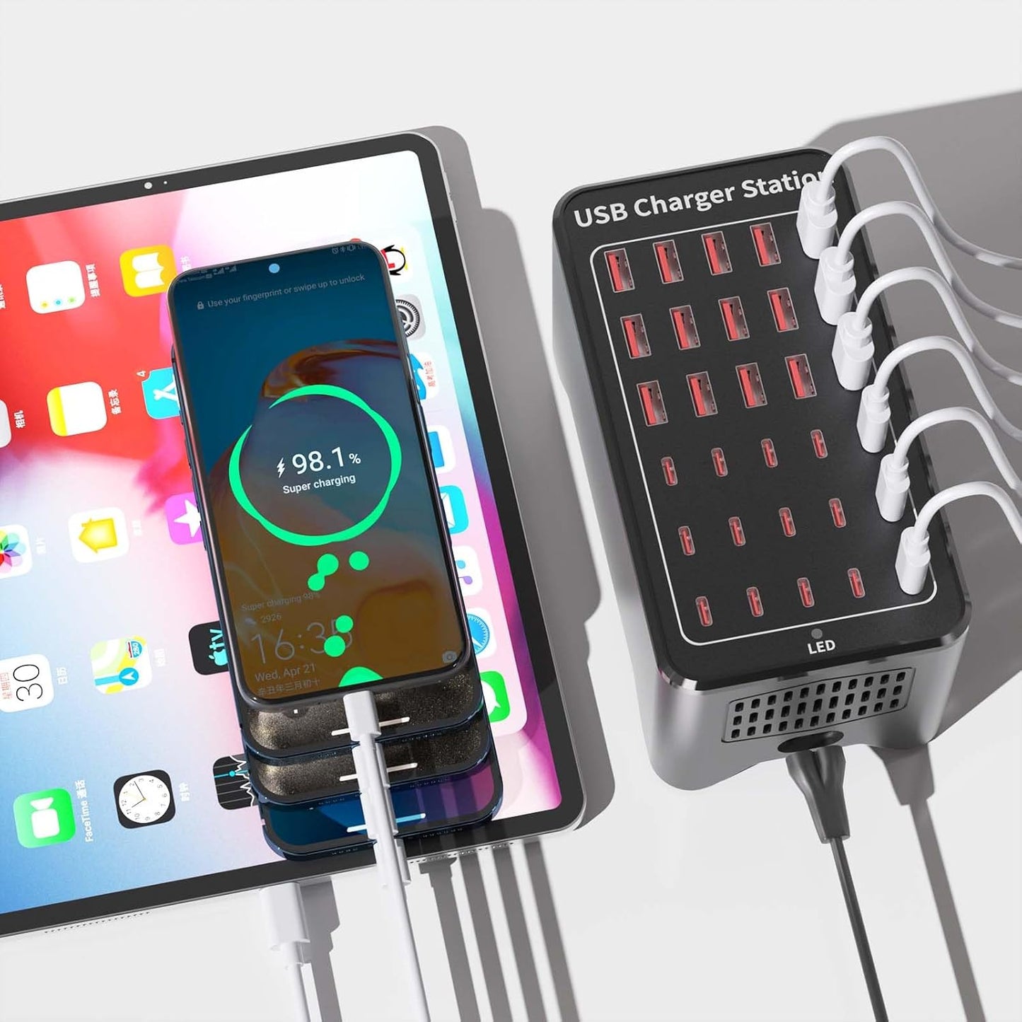 150W(30A) USB Charging Station, 30-Port USB C Charger Block, Multiple Desktop/Wall Fast Charger with Intelligent Protection Compatible with iPhone, iPad, Tablets, Smartphones