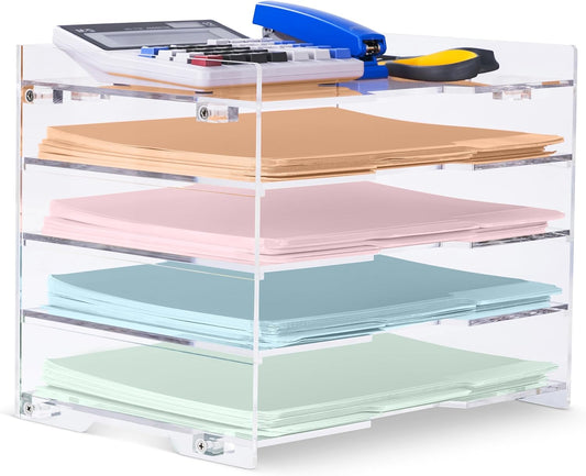 File Paper Organizer Letter Tray For Desk Office Supplies Folder Accessories Storage, Clear Acrylic, For Home School Desktop Organization