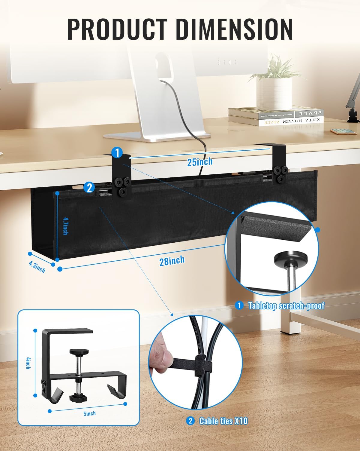 36" No Drill Under Desk Cable Management Tray - Upgraded Oxford Fabric with Cable Loop, No Damage to Table for Standing Desks and Home Office (Large (36 Inch))
