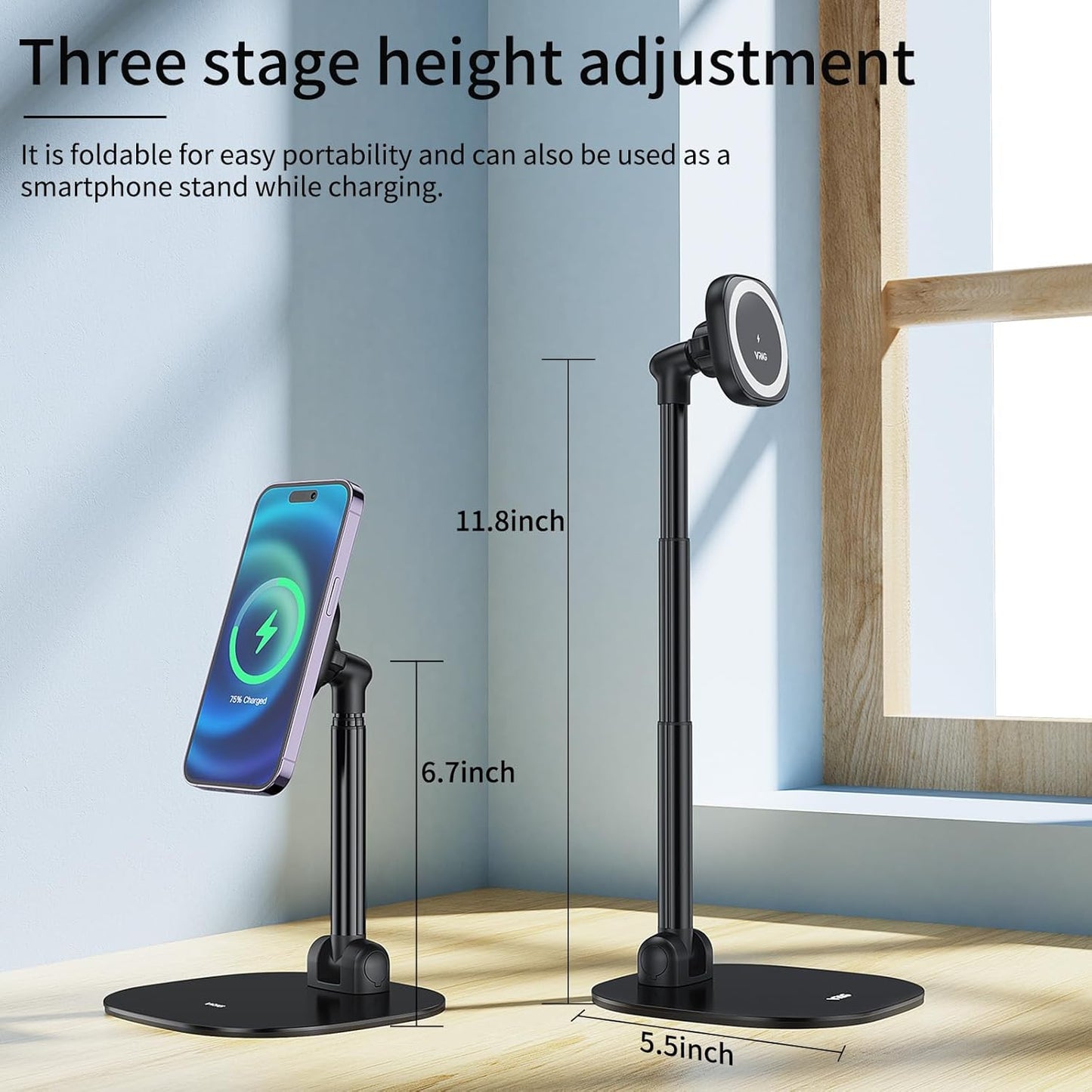 VRIG Magnetic Wireless Charger Phone Stand 360°Rotation Desktop Phone Holder Adjustable Cell Phone Stand for iPhone 17/17pro/16/15/14/13 Series Foldable Wireless Charging Station for Android/AirPod