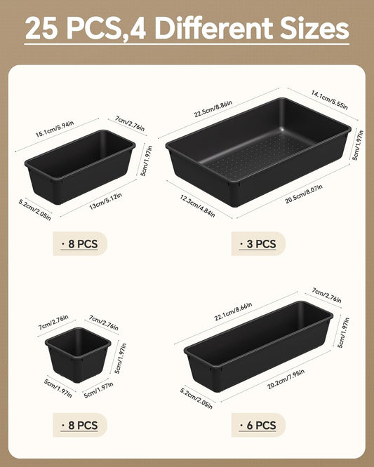 KEMETHY 25 PCS Plastic Drawer Organizers Set, 4 Sizes Vanity Organizer, Makeup and Desk Drawer Organizer Trays, Organization and Storage for Makeup, Bathroom, Kitchen Utensils and Office (Black)
