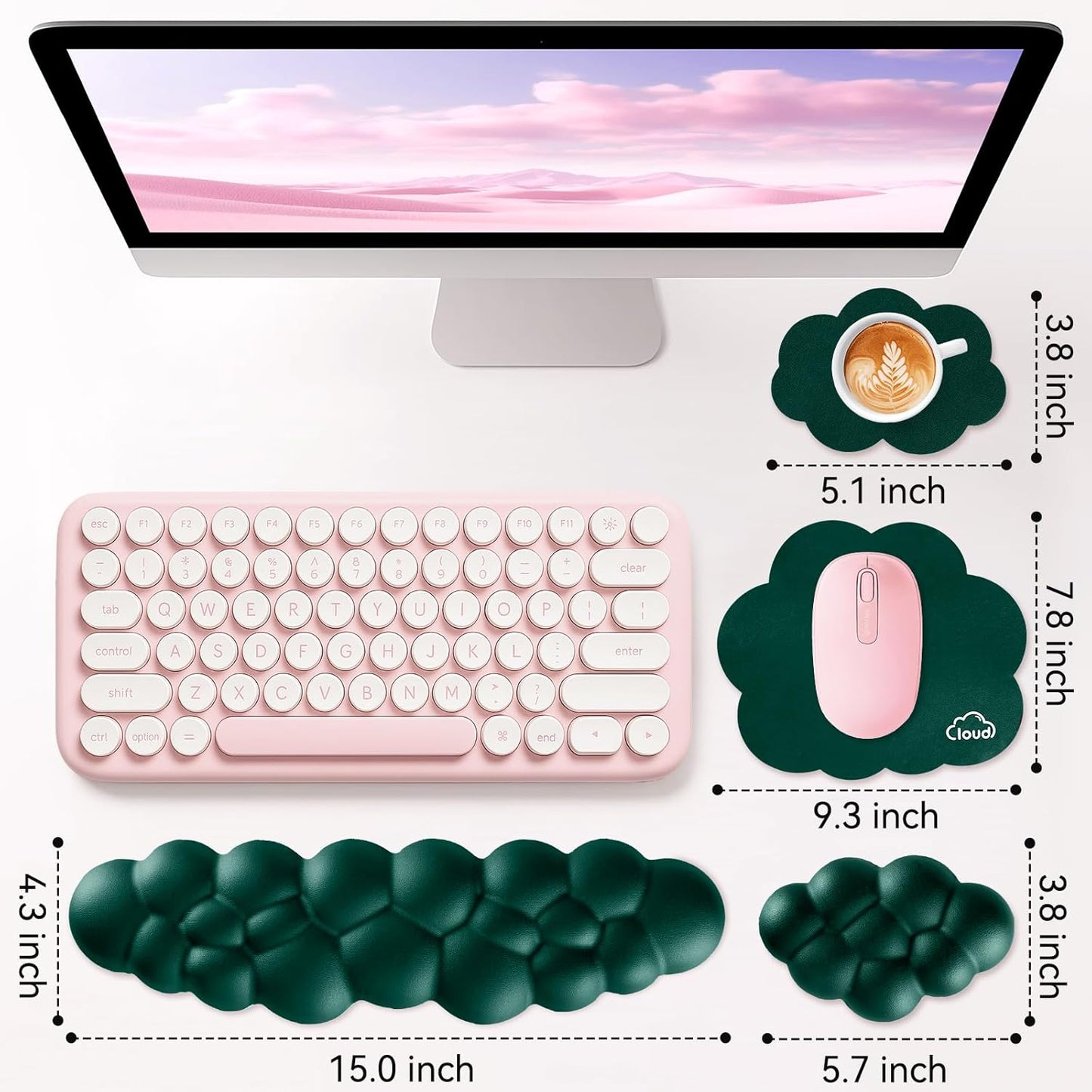 Sushret Cloud Wrist Rest for Computer Keyboard, 4-in-1 Memory Foam Leather Cloud Keyboard Wrist Rest and Mouse Pad Set with Ergonomic Support for Arm and Palm Cushion, Gaming/Work Setup, Rainbow