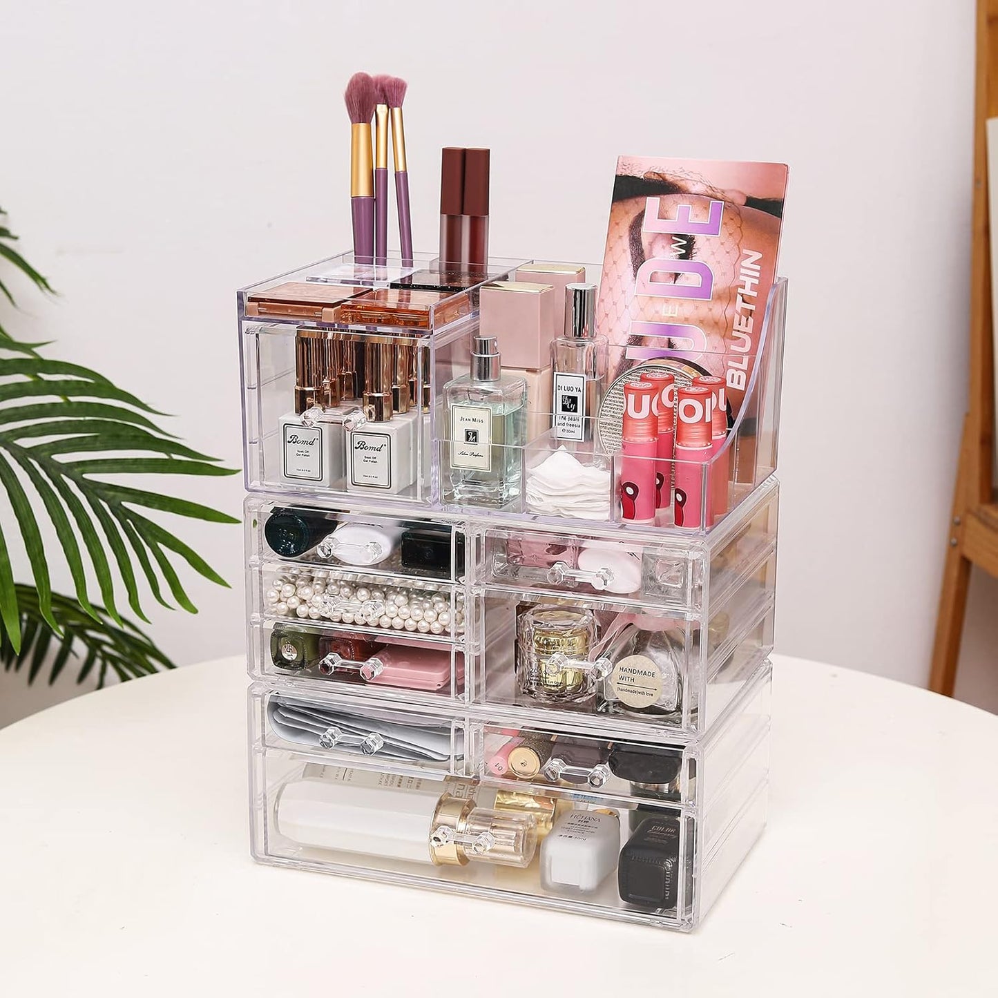 Cq acrylic 2 Pack Clear Make up Organizer Countertop,Stackable 5 Drawers Makeup Storage,Cute Vanity Organizers for dresser Hair Clip,Jewelry,Beauty Product Desk and Bathroom Organizers and Storage