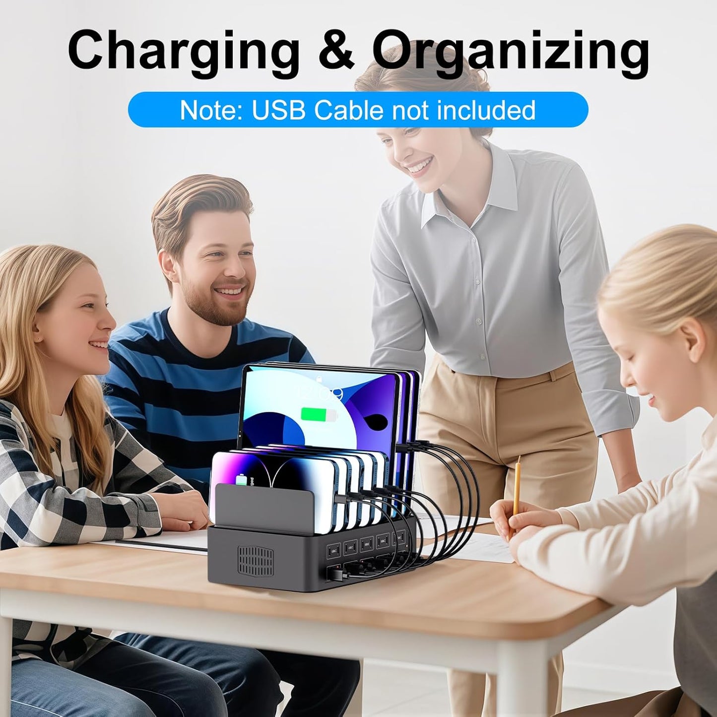 150W/35A Charging Station for Multiple Devices, 20 Port USB C Fast Charging Station with Adjustable Dividers - Organizer Charging Dock for Smartphone, iPad, Kindle, Tablet & More