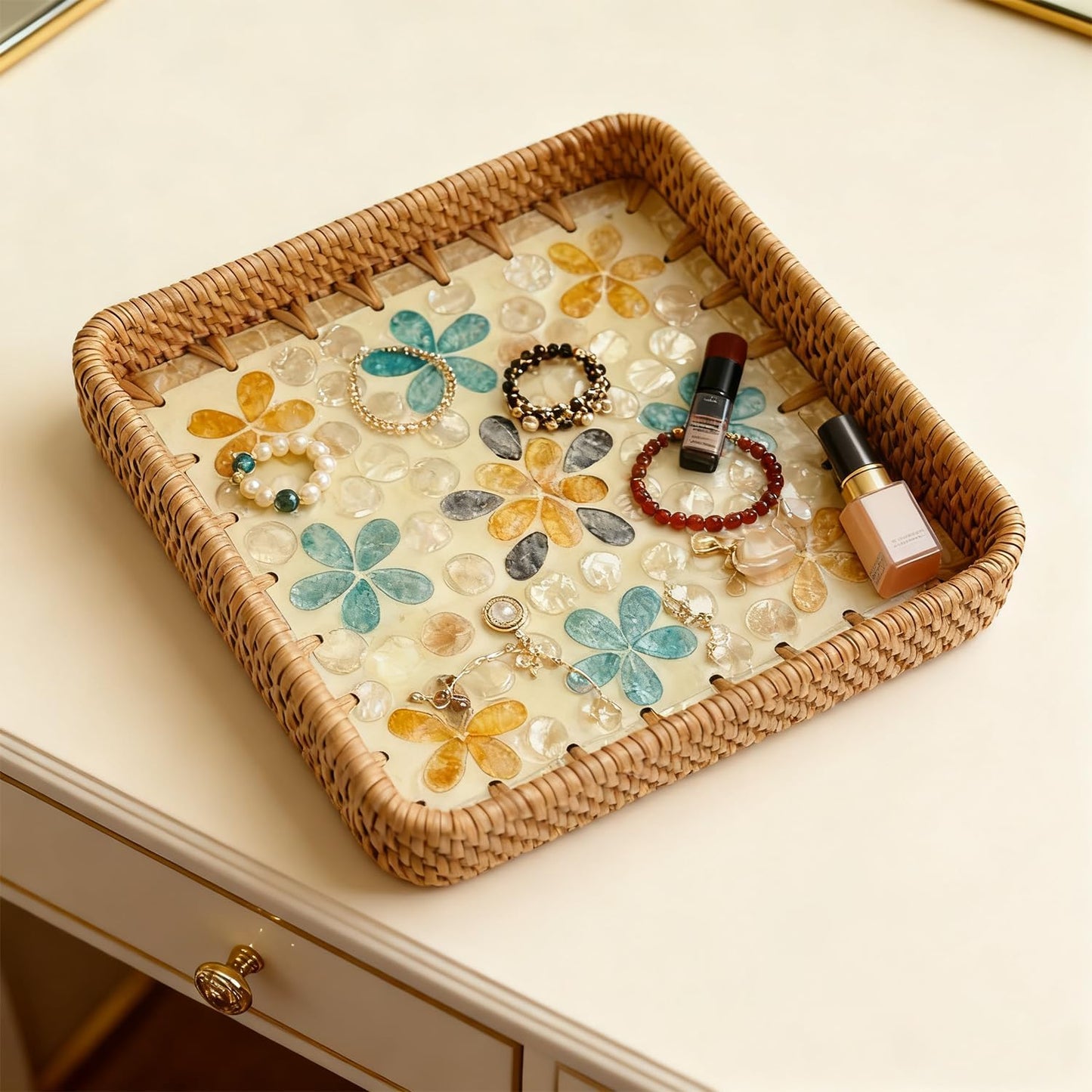 Handwoven Wicker Valet Tray, 8 Inch Square Catch All Organizer for Jewelry, Watches & Keys | Decorative Tray for Nightstand, Desk, Entryway, Coffee Table & Bathroom Counter