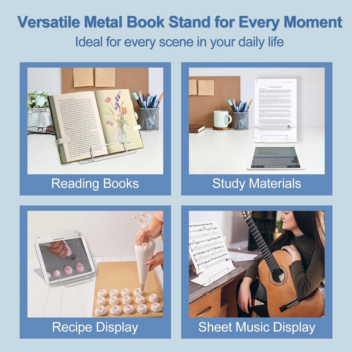 Metal Desk Book Stand for Reading with Adjustable Clips, Hands-Free Foldable Book Holder for Kids, Portable Document Stand for Desk, Display Stand for Recipes, Cookbooks, Tablets - Purple