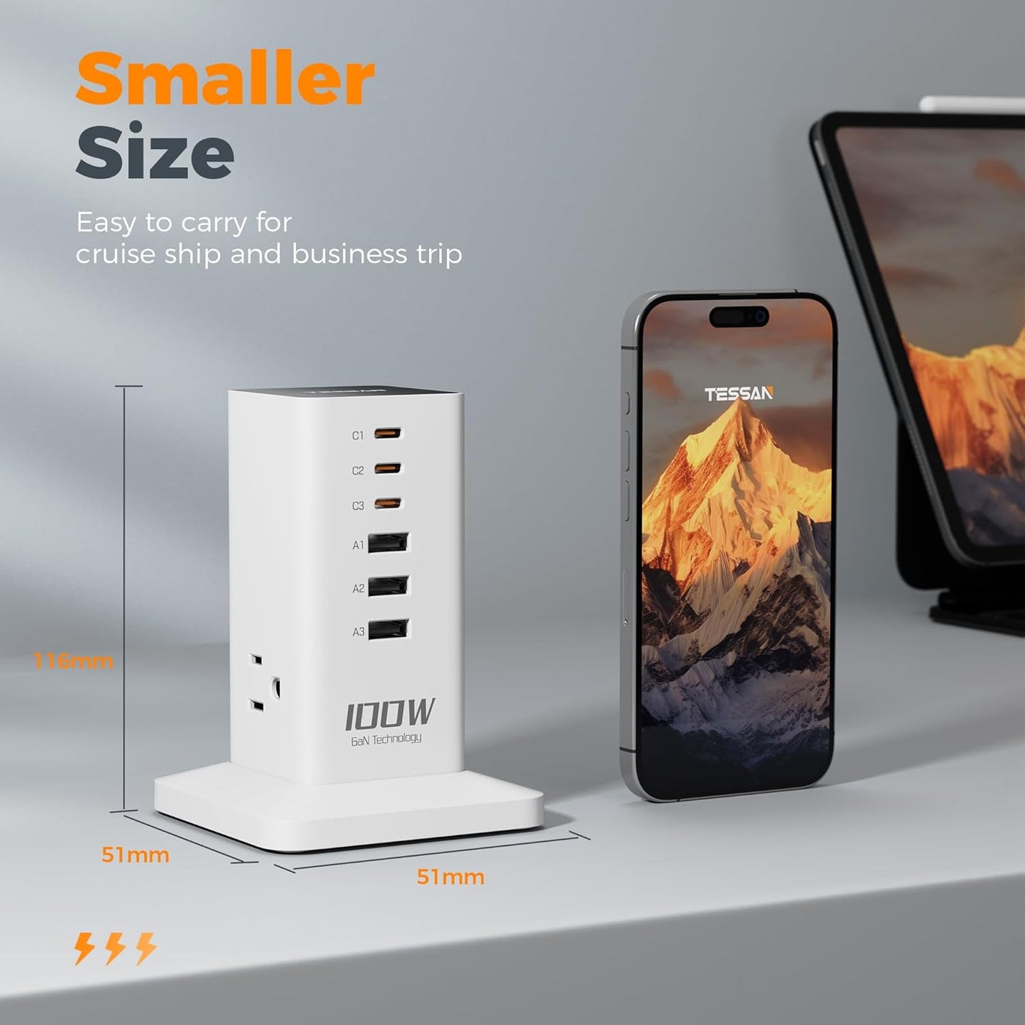 Charging Station for Multiple Devices, TESSAN 9-in-1 USB C Power Strip for iPhone 17/16/15, MacBook, Tablet, Desktop Phone Fast Charger with 3 AC, USB Charger, Home Drom Office Accessories, White-65W