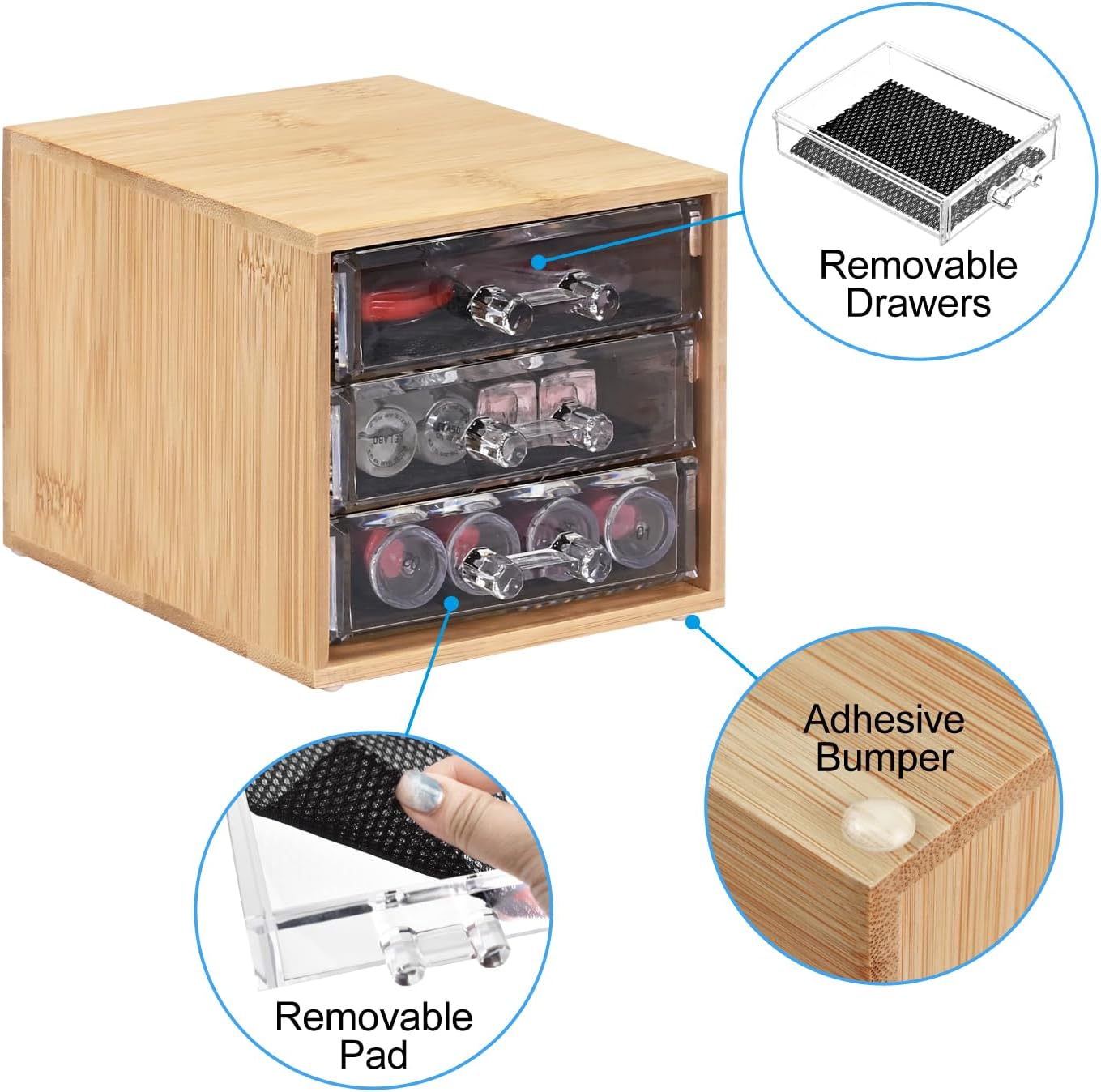 Ikee Design Bamboo Makeup Organizer, Desktop Drawer Organizer with Three Clear Acrylic Drawers, Office Desk Organizer for Lipsticks, Cosmetics, Jewelry, and Accessories for Vanity, Home
