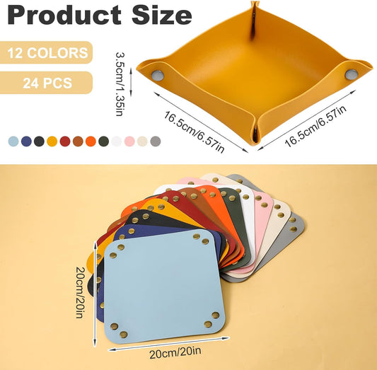 24PCS Valet Tray Bulk, PU Leather Jewelry Tray for Men Women Folding Travel Storage Dish Plate Key Tray Entryway Desk Organizer for Phone, Keys, Glasses, Coin, Wallet, Earphone(12 Colors)