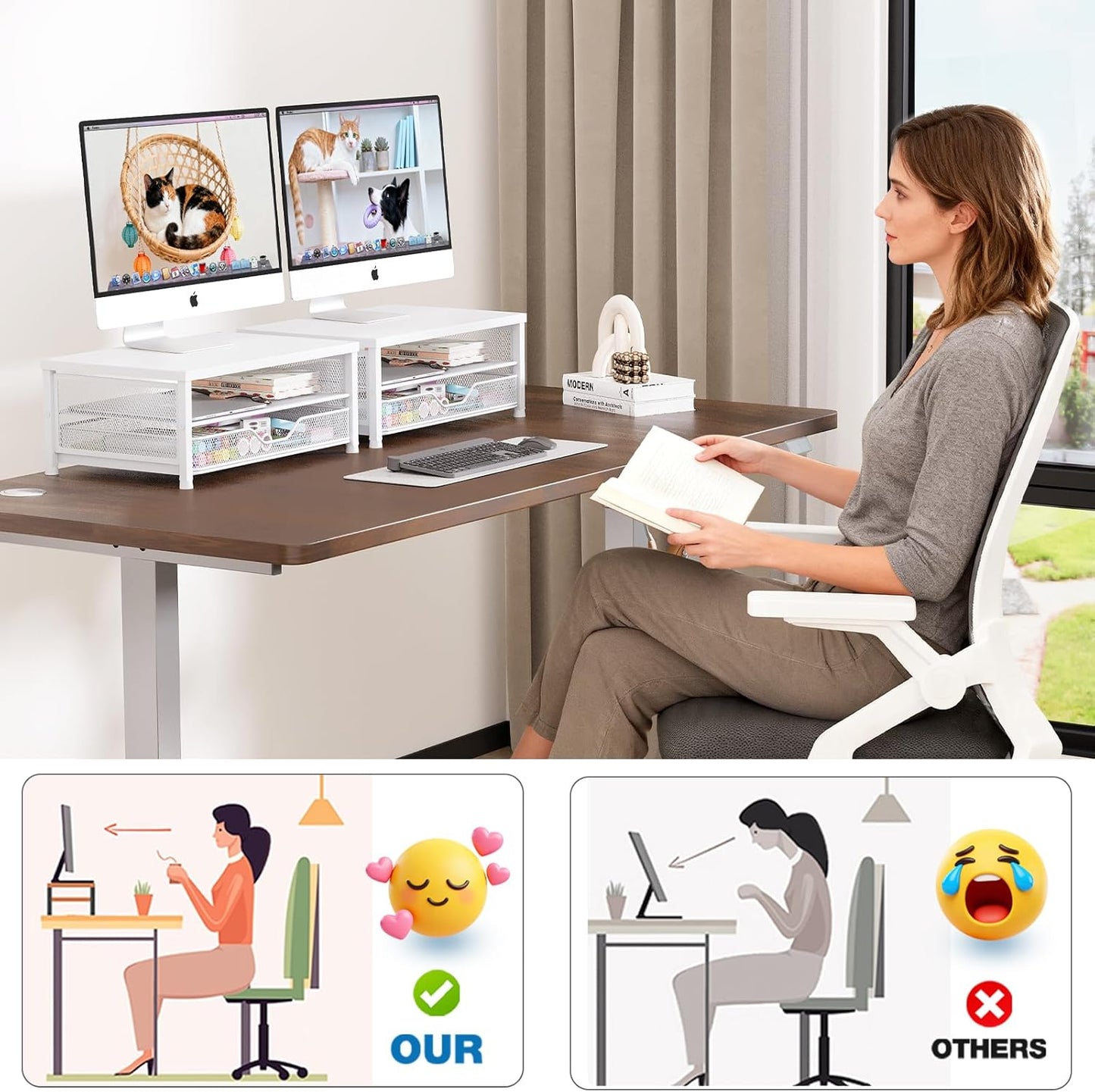 OPNICE Computer Monitor Stand Riser, Desk Organizer with Drawer, Printer & Laptop Stand, Office Desk Accessories & Workspace Desktop Organizers Storage for Office Supplies(Brown)