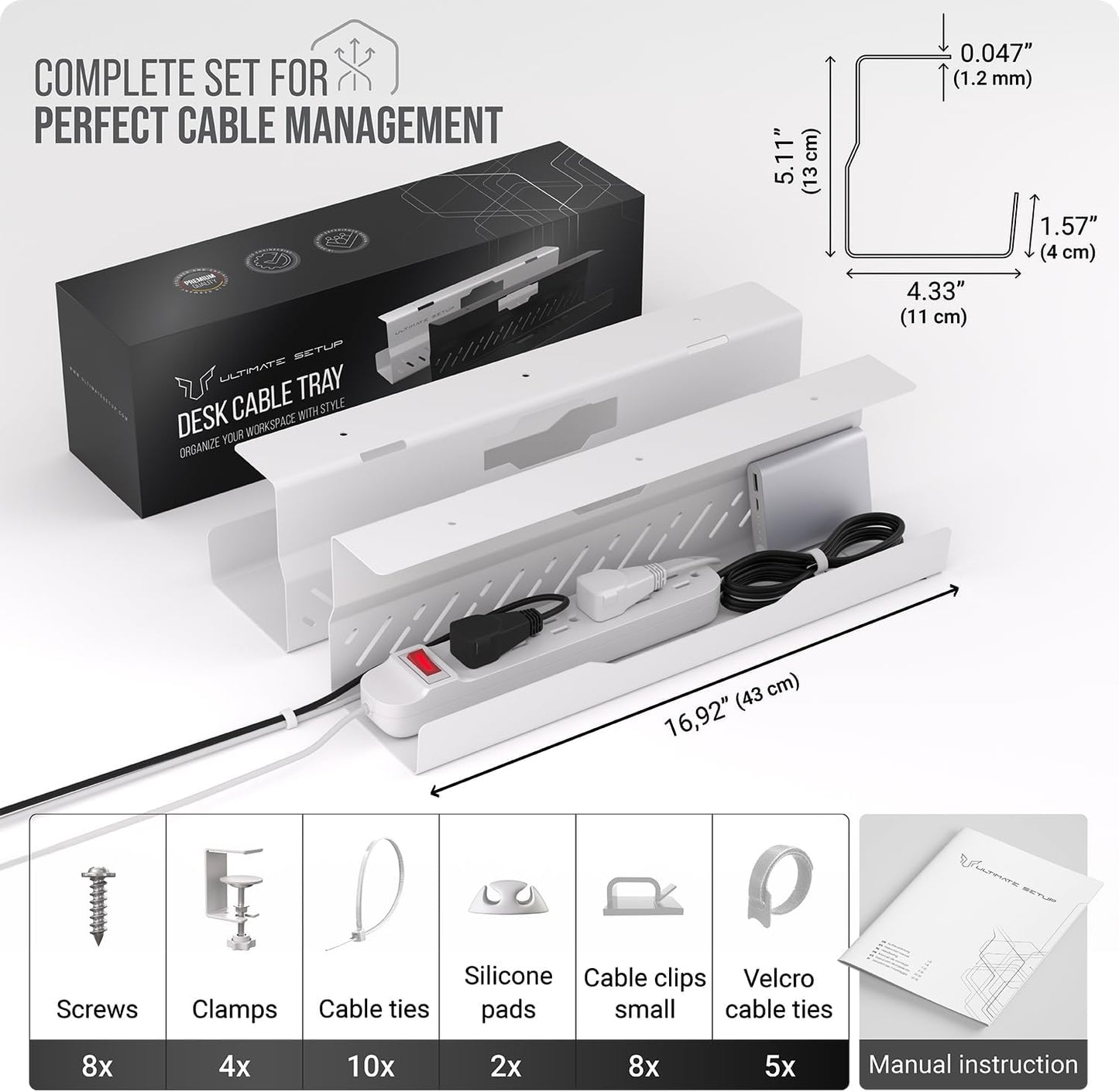 Under Desk Cable Management Tray no Drill – Wire Management - Cord Organizer – Huge Load Capacity – Under Desk Cable Tray no Drill (Black, 2 Pieces Set)