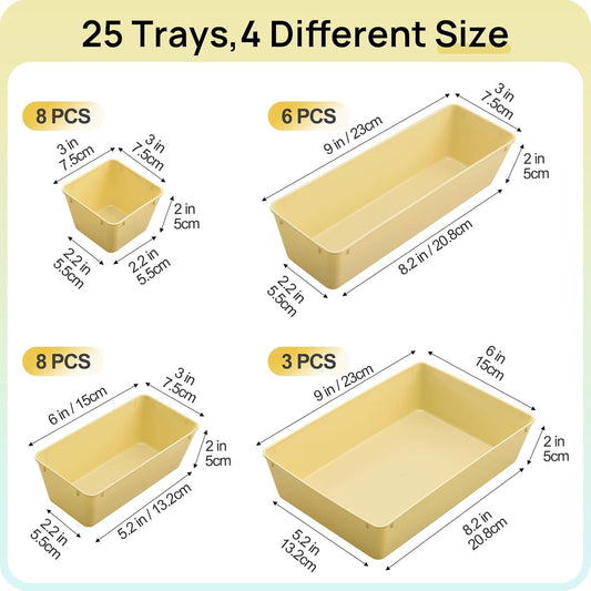 Vtopmart 25 PCS Clear Plastic Drawer Organizers Set, 4-Size Versatile Bathroom and Vanity Drawer Organizer Trays, Storage Bins for Makeup, Bedroom, Kitchen Gadgets Utensils and Office