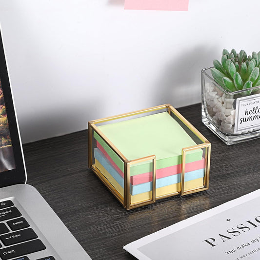 BTSKY Golden Glass 3x3 Inch Sticky Note Holder with Pen Slot, Elegant Post It Note Dispenser with Non-Slip Pads Clear Notepad Holder for Desk Organization Planning, Home Office Decor