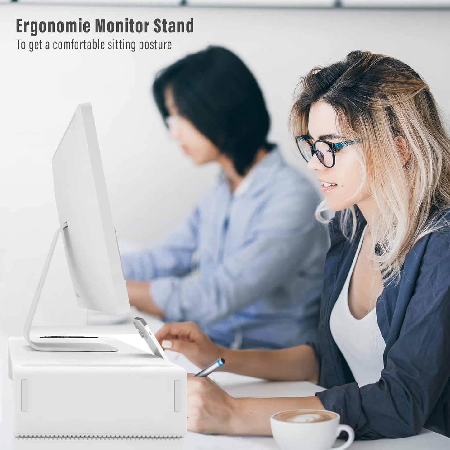 OImaster Monitor Stand Riser, Foldable Computer Monitor Riser, Adjustable Length Computer Stand and Storage Drawer & Pen Slot, Phone Stand Compatible Computer, Desktop, Laptop, Save Space (White-Basic)