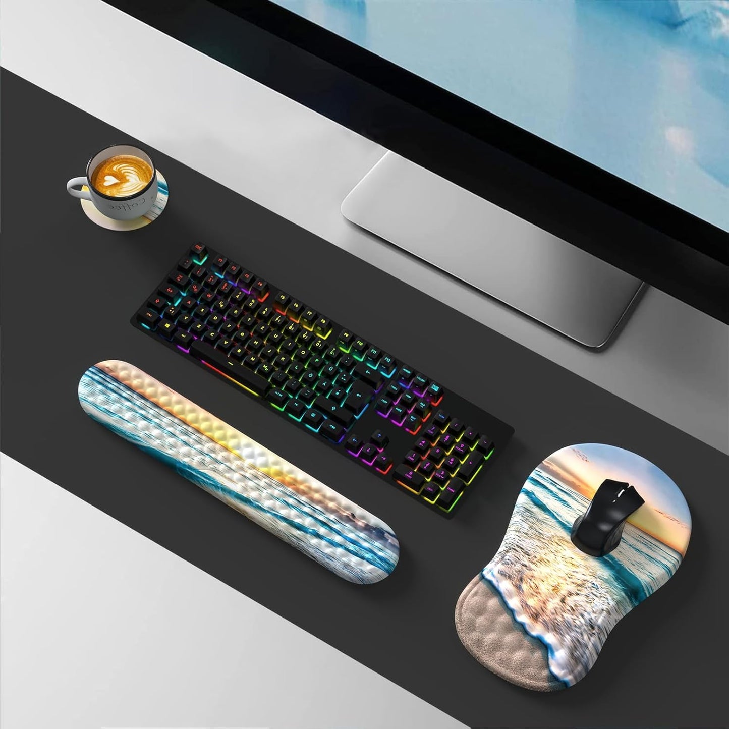 HAOCOO Keyboard Wrist Rest, Ergonomic Mouse Pad with Wrist Rest, 3 in 1 Keyboard and Mouse pad with Coaster Set, Memory Foam Wrist Support, Non-Slip PU Base for Home Office, Rose Gold Pink