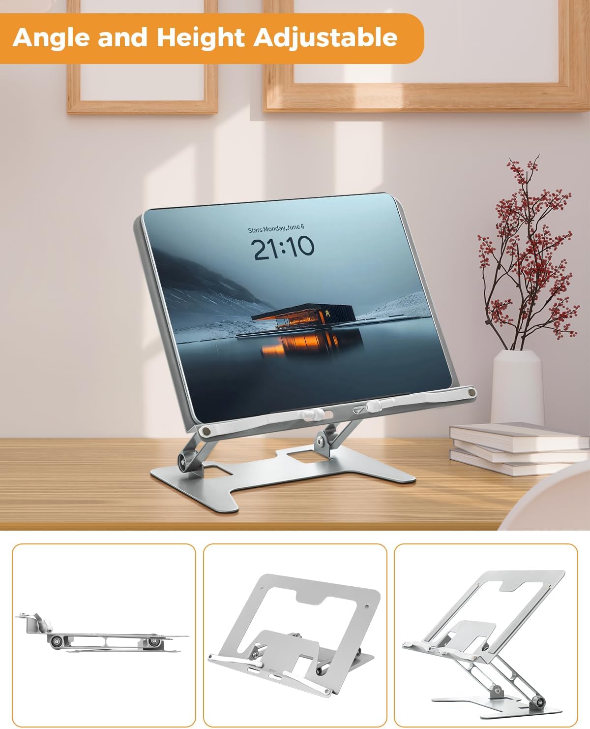 Honagu Adjustable Laptop Stand for Desk, Metal Foldable Laptop Riser, Portable Desktop Book Stand Holder, Ergonominc Computer Notebook Stand Compatible with 10-15.6” Laptops (Silver)