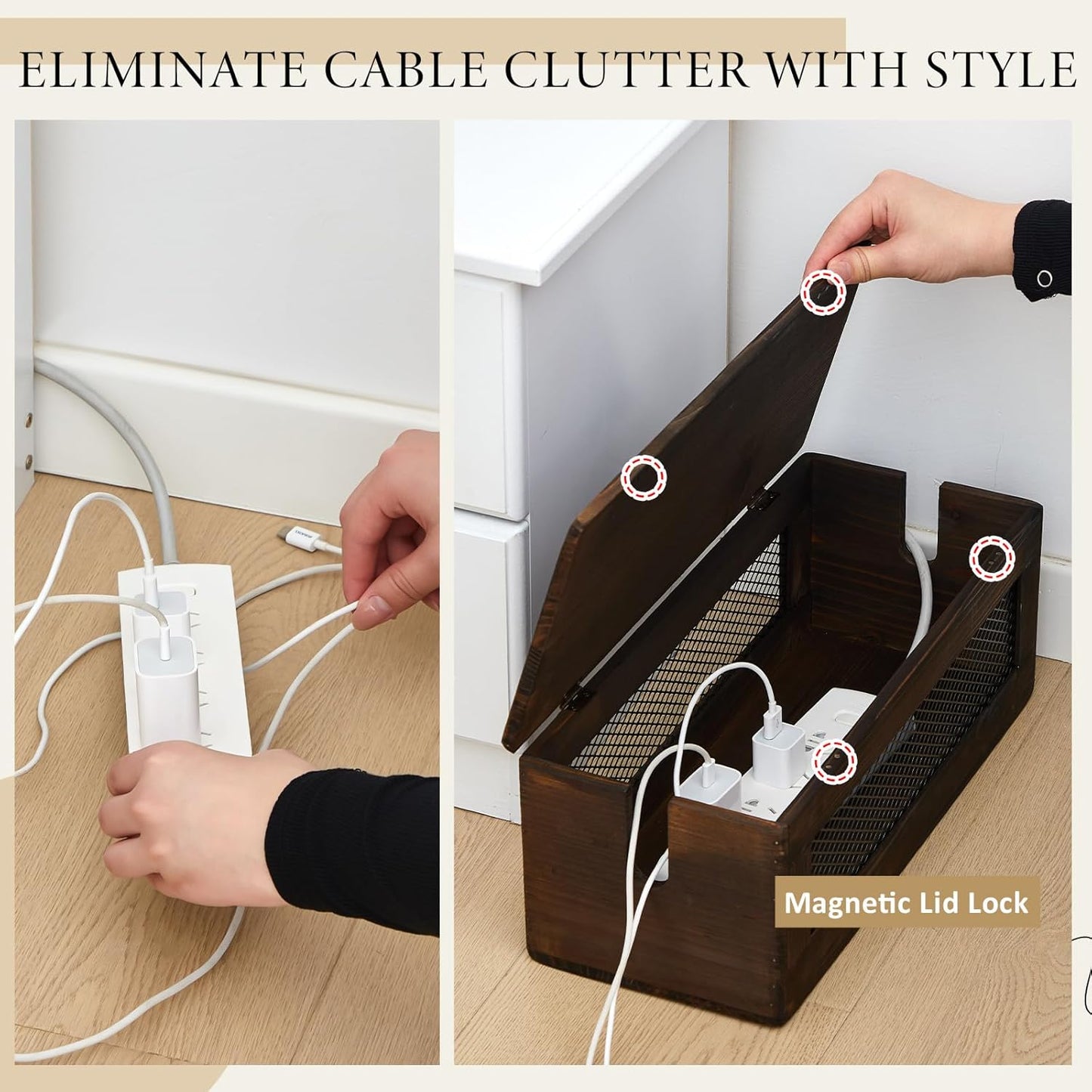 Chunful Extra Large Cable Management Box, 16'' Wood Cord Hider Organizer with Ventilation Nets & Organizer for Power Strip, TV Wires & Desk Cable Storage, Magnetic Lid Hide Floor Cables