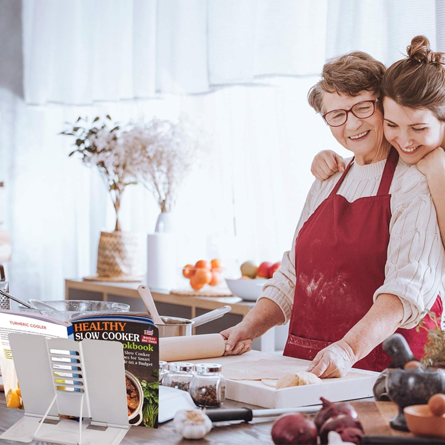 Blizzow Desk Book Stand Holder - Hands Free, Adjustable Metal Stand, Lightweight Foldable Portable - Cookbook, Recipe, Tablet, Music, Documents (White)