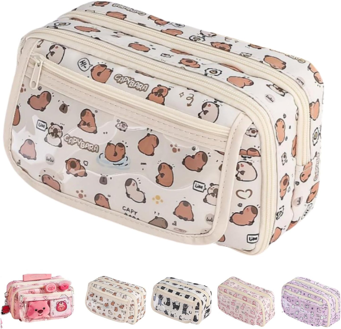 Cute Kawaii Pencil Case Pouch Cartoon Pen Box Holder Organizer for Office Workspace Supplies Desk Accessories Travel Essentials Aesthetic Trendy Cool Stuff Gift Large Capacity (Pink Kapibala)