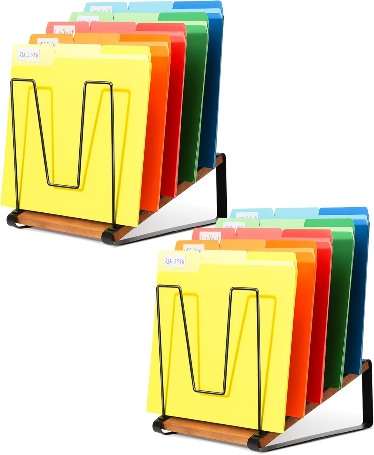 HULISEN Inclined Desk File Organizer, 5-Section Vertical File Folder Holder Stand, Metal File Sorter Rack with Wooden Base, Desktop File Organizer for Office Classroom Home Workspace