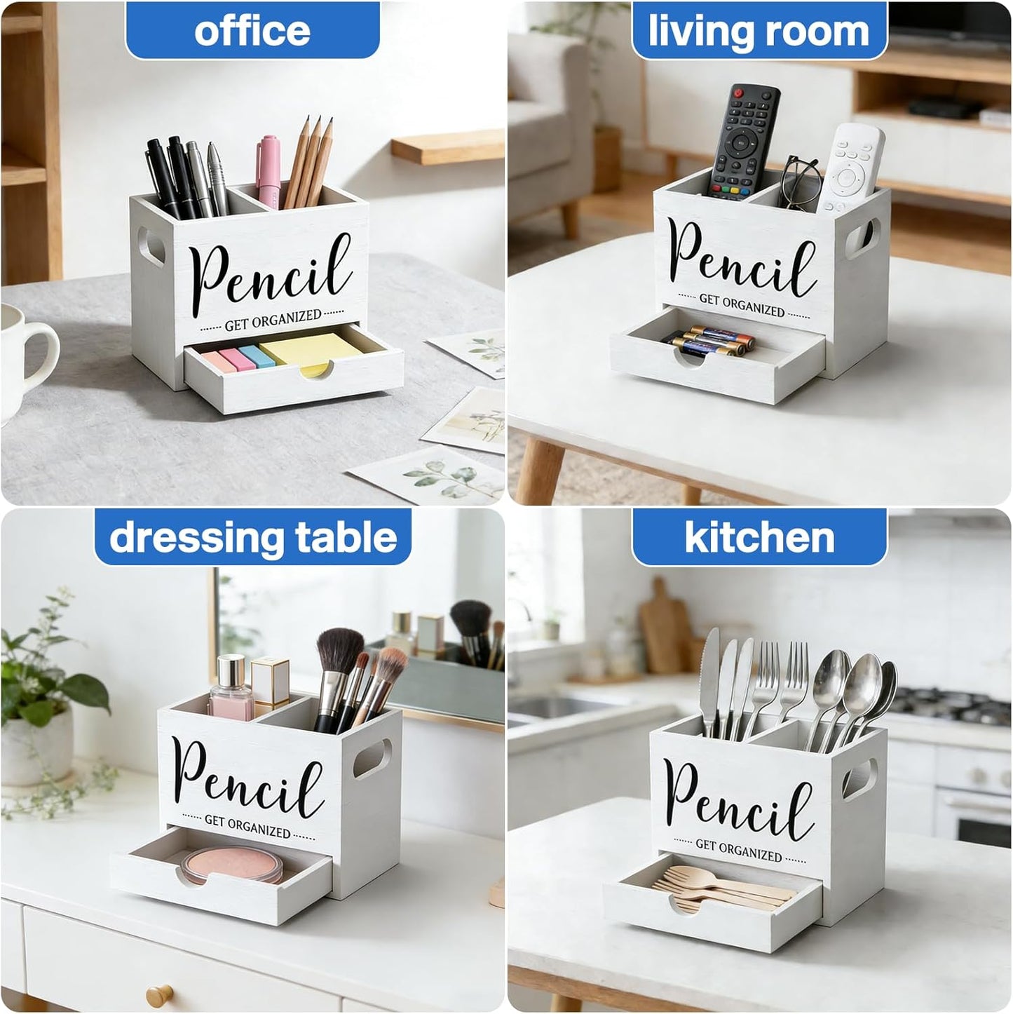 Pen Holder for Desk, Wood Pencil Organizer with Drawer, Marker Holder with 2 Compartments, Pencil Cup for Home, Office, Classroom, Teacher Supplies (White)