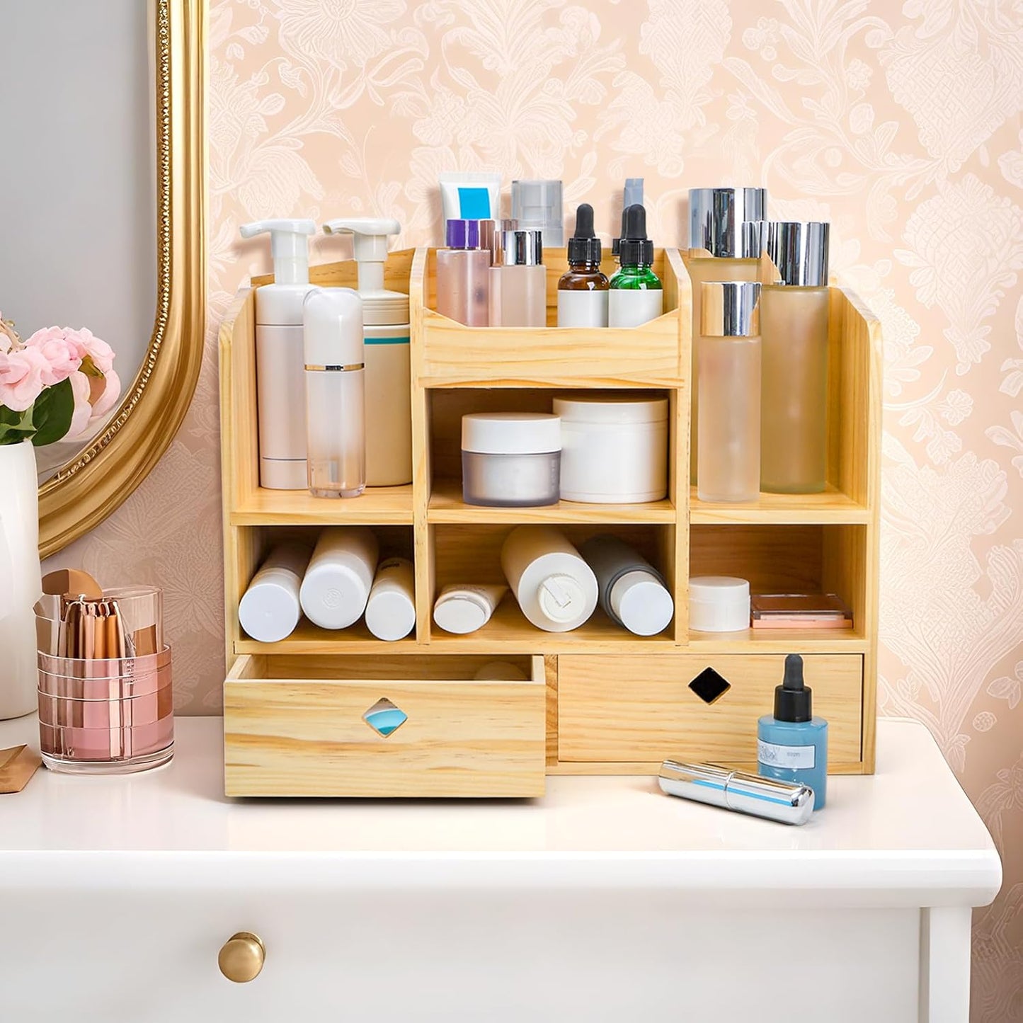 Wooden Desk Organizer with Drawers, Large Countertop Office Supplies Accessories Organization with 10 Compartments, Multifunctional Storage Box Makeup Storage Shelf Rack for Home, Office