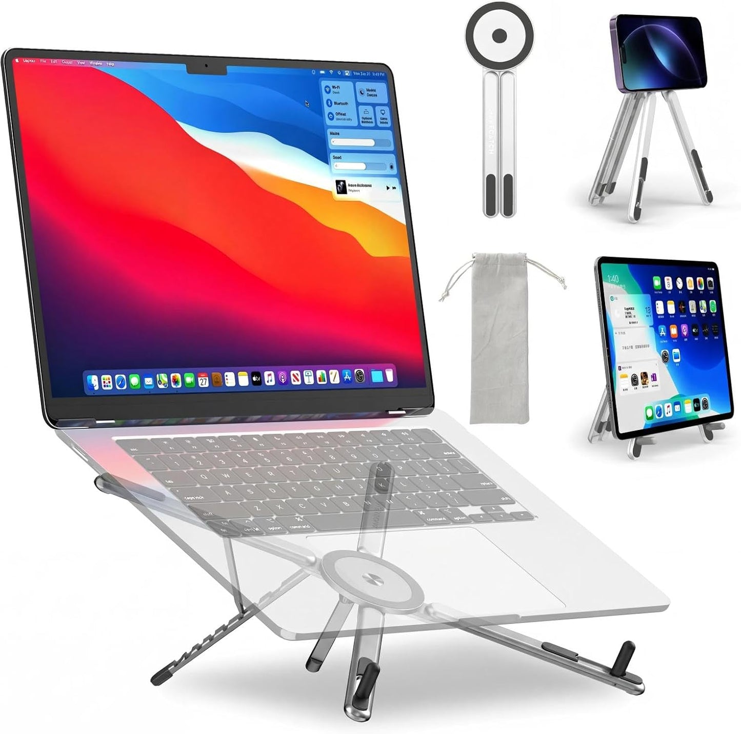 Adjustable Laptop Stand for Desk with Magnetic Phone Holder, MagSafe Compatible Portable Foldable Computer Riser for MacBook, iPhone, iPad, Tablet - Perfect for Office, Home, Traveling