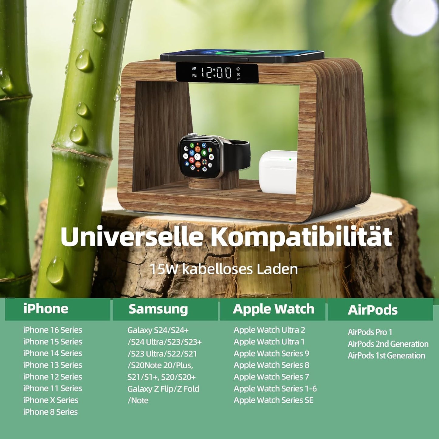Bamboo Charging Station with Alarm Clock, 15W Fast Wireless Charger with Stepless Dimmable Night Light, 5 in 1 Wood Style Nightstand Organizer Compatible with iPhone/iWatch/AirPods