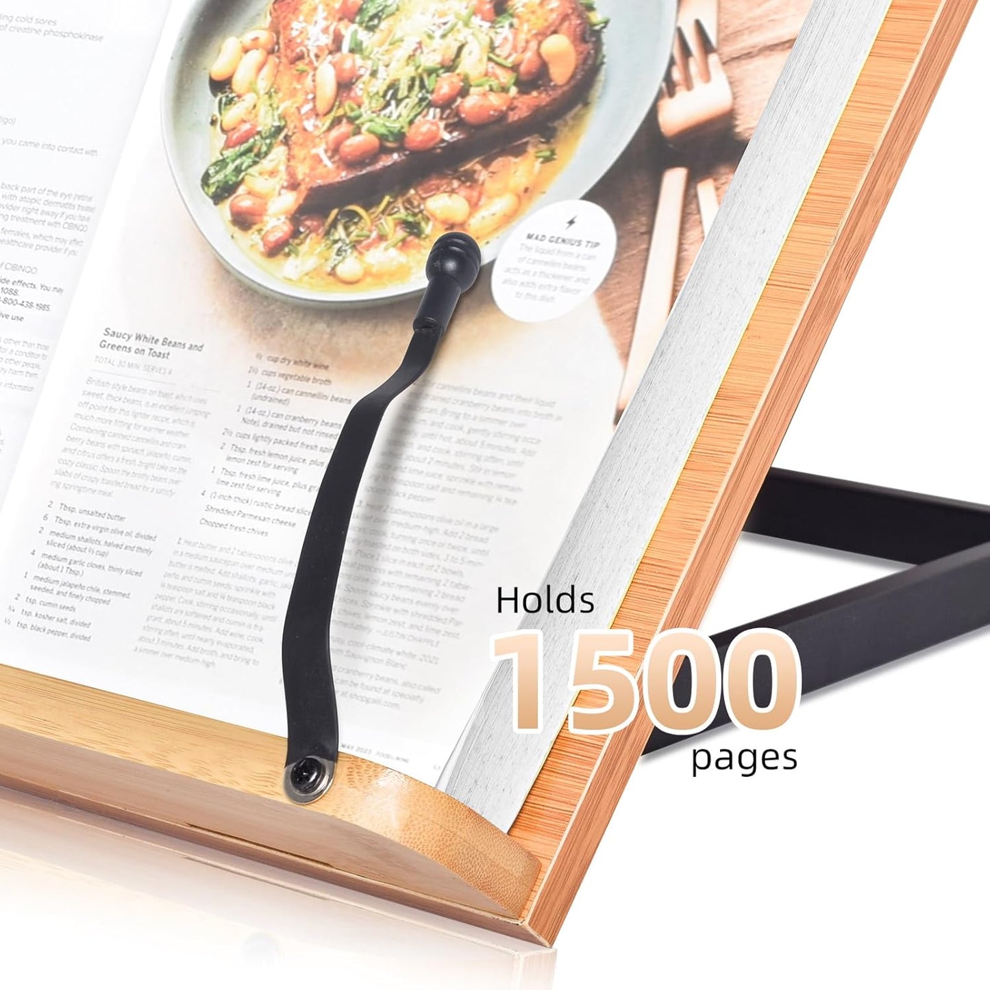 wishacc Bamboo Book Stand, Adjustable Book Holder Tray and Page Paper Clips-Cookbook Reading Desk Portable Stable Hard-Wearing Lightweight Bookstand-Textbooks Books