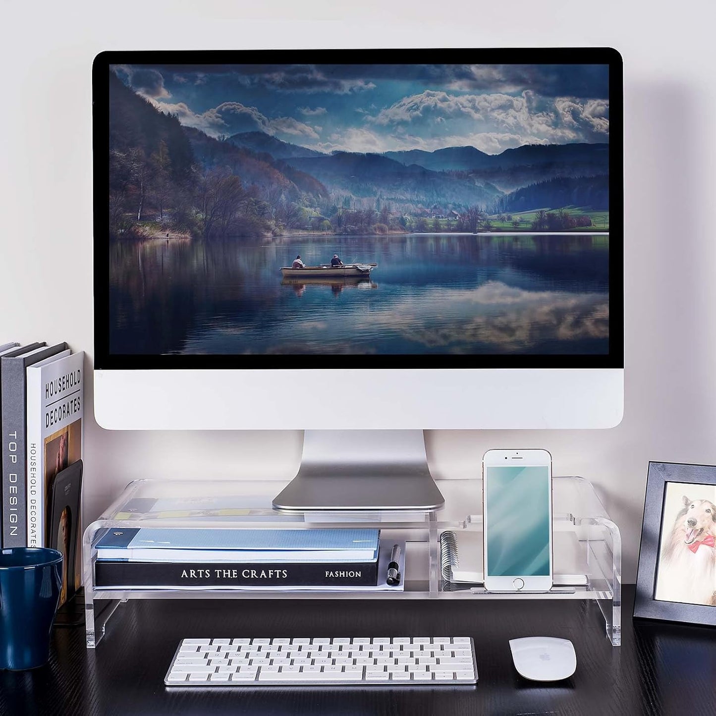 BEYGORM Acrylic Monitor Stand for Full Keyboard, 20" Wide 2-Tier Riser with Storage Shelf and Phone Holder, Desktop Organizer for Laptop, Printer, Screen (Clear)