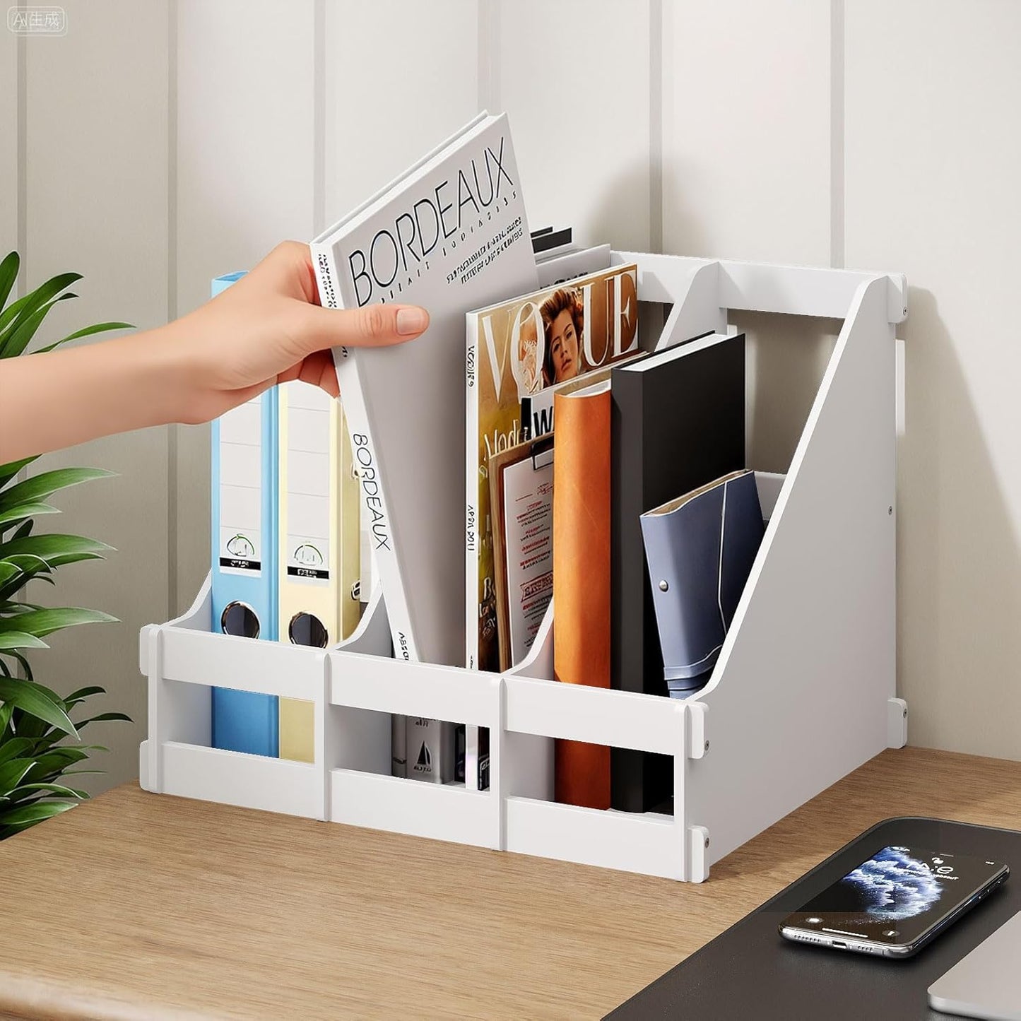 Bamboo Desktop Magazine Holder Desk File Organizer 3 Compartments Vertical File Dividers Book Holder Frames Document Cabinet Rack Storage Organizer Box for Home Office School Black (Black)